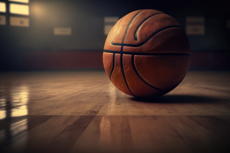 Basketball ball on the floor of a sports hallの素材