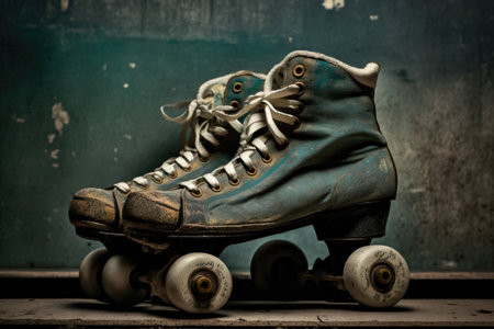Old vintage roller skates on a wooden tableの素材