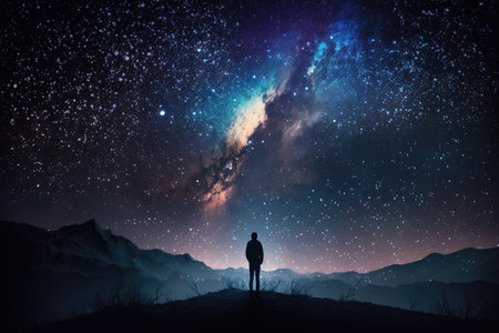 Silhouette of man looking at milky way galaxyの素材