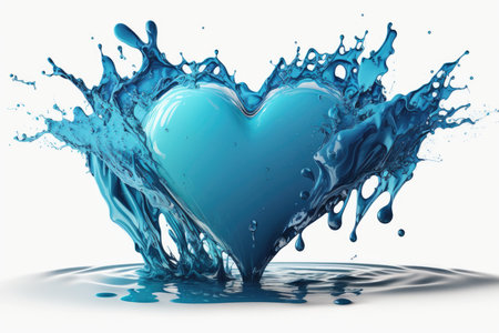 Blue water splash with heart isolated on white backgroundの素材