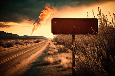 Burning sign on a country road at sunset in the desertの素材