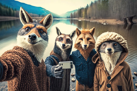 Group of foxes taking a selfie on the shore of a lakeの素材