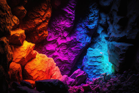 Interior of a cave with multicolored lights and stalactitesの素材