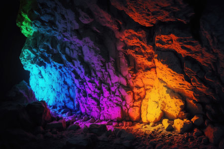 Cave interior with colorful neon lightsの素材