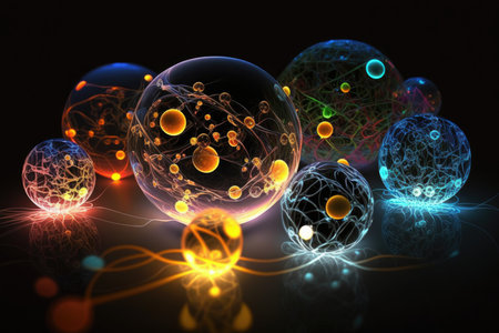 Glowing spheres with glowing lines on black backgroundの素材