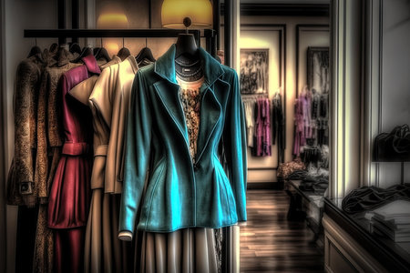 Fashionable clothes on mannequin in wardrobeの素材