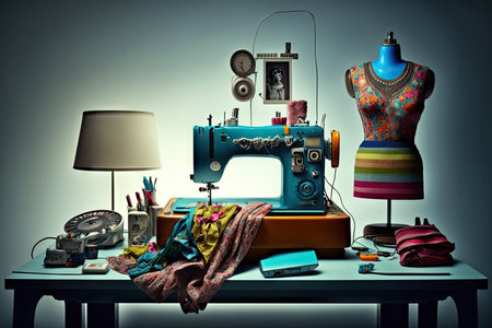 Sewing machine and accessories on table. Sewing conceptの素材