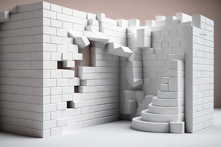 A white brick wall with a ladder and a hole in the wallの素材