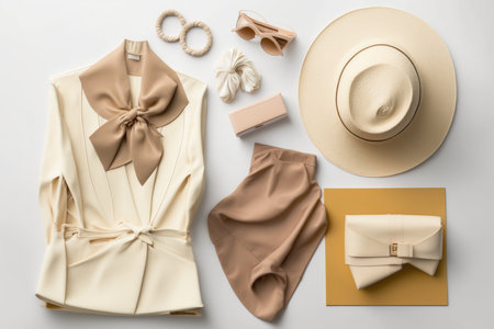 Beige outfit and accessories laid out on a flat surfaceの素材