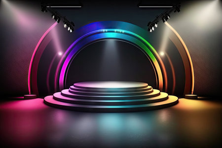 Abstract round podium illuminated with spotlights. Award ceremony conceptの素材
