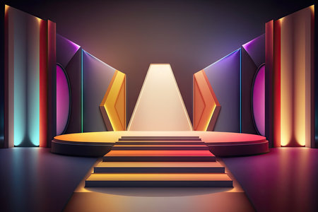 Abstract scene podium illuminated by neon lights. Award ceremony conceptの素材