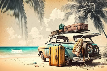 Vintage car with luggage and suitcase on the beach. Summer vacation conceptの素材
