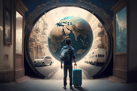 Traveler with suitcase and map of the worldの素材