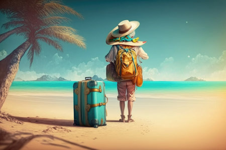 Woman traveler with a suitcase on the beach. Travel and adventure conceptの素材