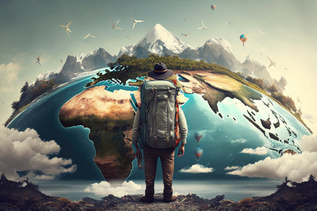 Traveler with backpack and hat looking at the worldの素材