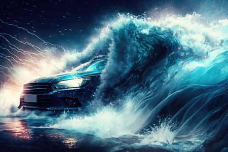 Sport car on the background of sea wavesの素材