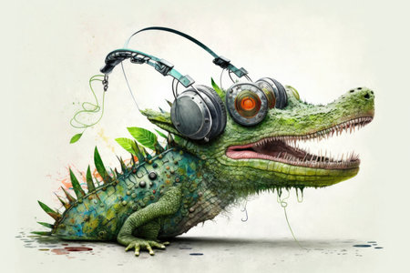 Crocodile listening to music with headphonesの素材
