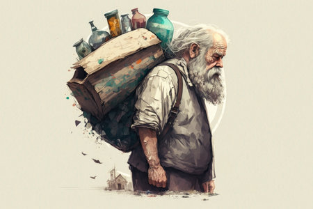 Portrait of an old man with a beard and mustache. He carries a huge stack of old things in his handsの素材