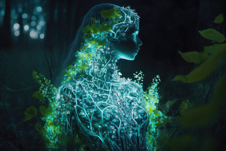 Fantasy woman in the forest with green leavesの素材