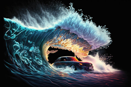 Car crash into the wave on black backgroundの素材