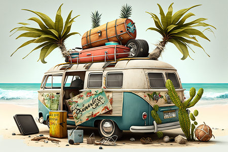 Vintage camper van with luggage on the beachの素材