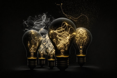 Glowing light bulbs and smoke on dark backgroundの素材