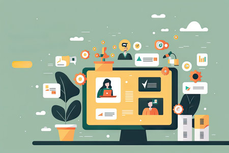 Flat design modern concept of online education, webinar, e-learning, video conference, webinarの素材