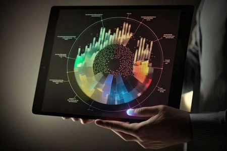 Close up of businessman holding tablet with glowing charts and graphs in screenの素材