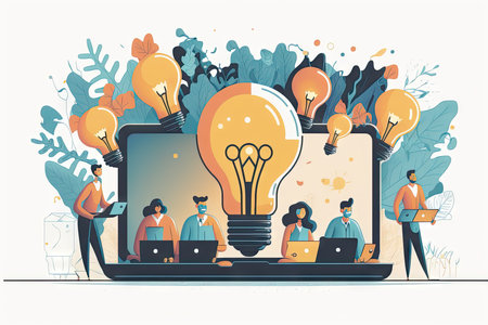 Flat design modern vector illustration concept of teamwork, brainstorming, brainstorming, creative process, brainstorming. Business people with light bulbsの素材