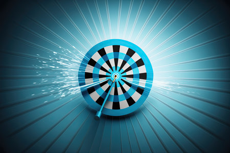 Dartboard with dart on a blue backgroundの素材