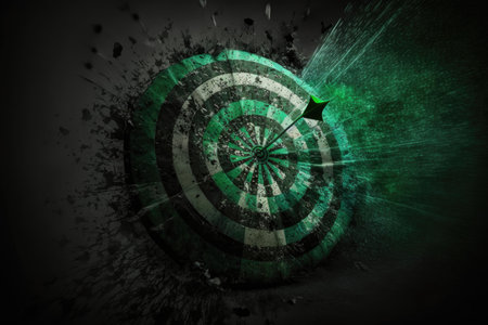 Dartboard with green arrow on a dark backgroundの素材
