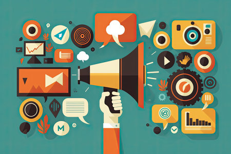 Flat design modern vector illustration concept of marketing and advertising with megaphoneの素材