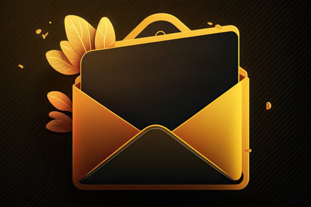 Illustration of an open envelope on a dark background with leavesの素材