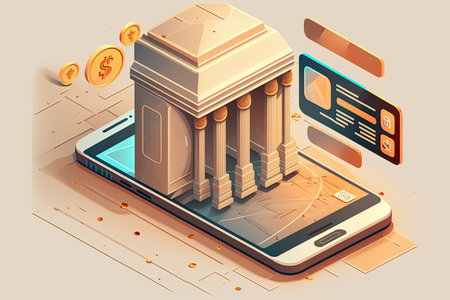 Mobile banking isometric concept with bank building, smartphone and golden coinsの素材