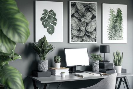 Interior of modern office with gray walls, concrete floor, gray computer table with white mock up poster frames and plantsの素材