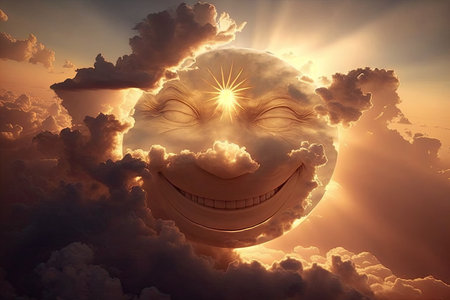 Smiling face in clouds against sun shining through cloudsの素材