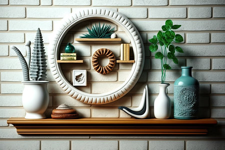 Wooden shelf with decorative elements on brick wall background. Interior designの素材