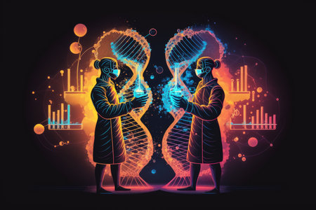 Two scientists holding a glowing DNA strand in a laboratory with colorful lights and scientific equipmentの素材