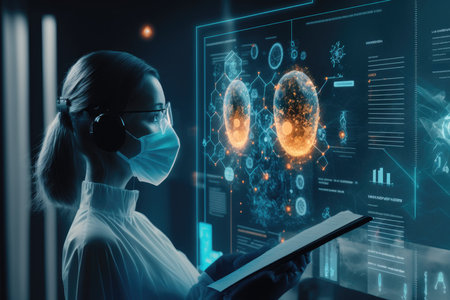 Young woman scientist in protective mask using tablet pc with human liver hologramの素材