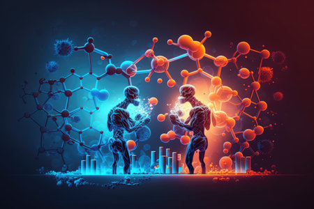 Two human-like figures made of molecules, with a background of molecules and test tubesの素材