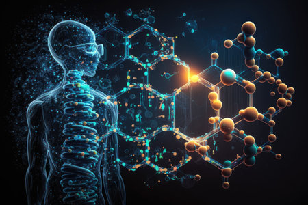 Human skeleton with a blue glow, surrounded by molecules and chemical structuresの素材