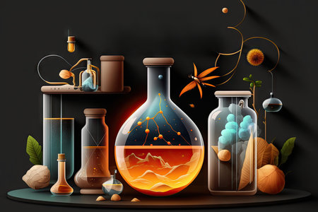 Collection of glass bottles and vases with plants and flowers on a black backgroundの素材