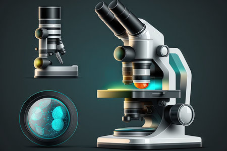 Microscope isolated on black backgroundの素材