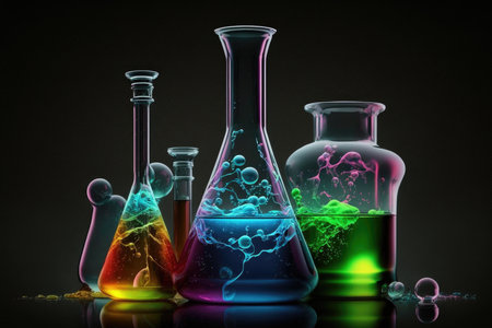 Laboratory glassware with colorful liquid on black background, science research conceptの素材
