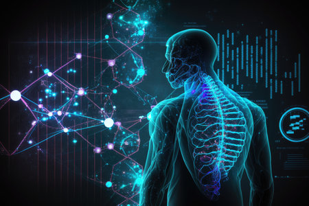 Digital illustration of human body in color x-ray against black backgroundの素材