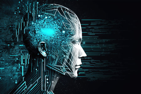 Artificial intelligence concept with human head and circuit boardの素材