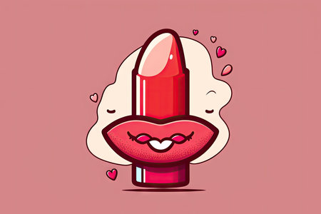 Cartoon illustration of red lipstick with heart. Isolated on pink backgroundの素材