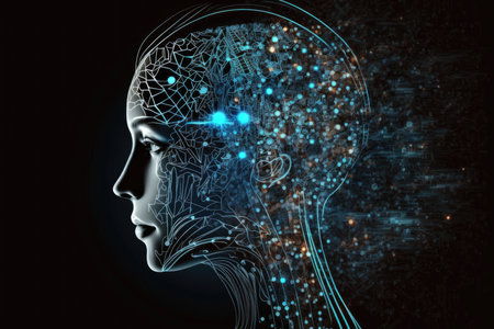Artificial intelligence concept with human head and circuit boardの素材