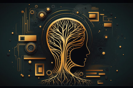 Artificial intelligence concept. Silhouette of human head with treeの素材