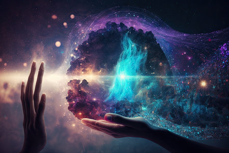 Female hands holding planet earth in spaceの素材